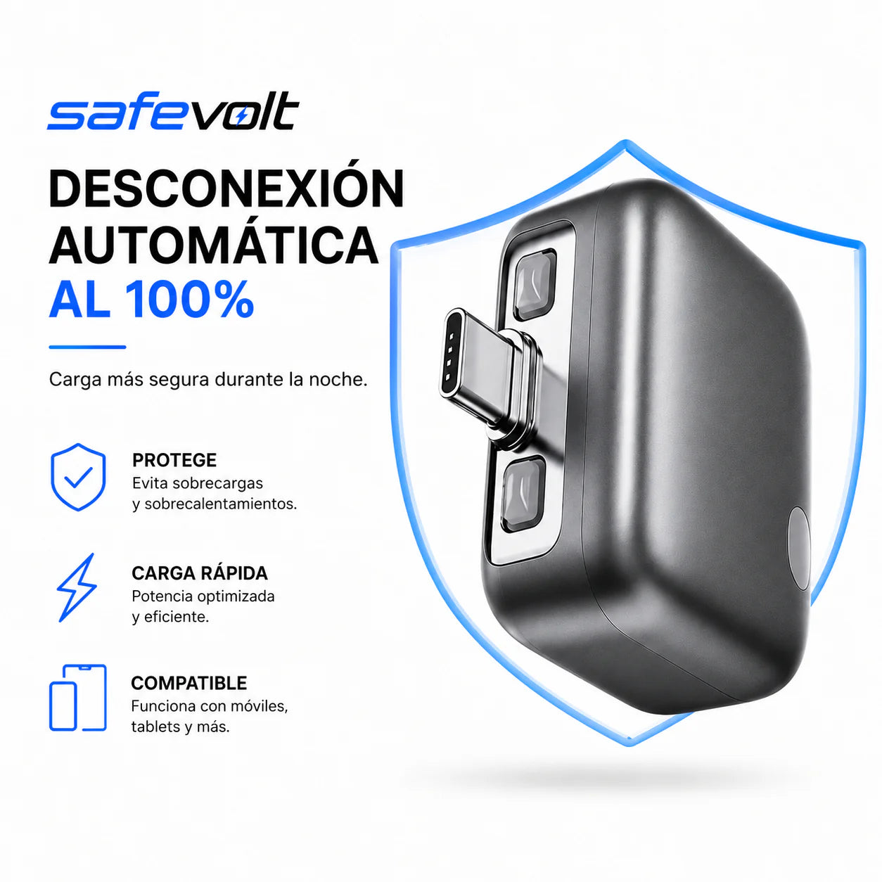 Safevolt automatic disconnect charger in dark gray, shown inside a blue shield graphic with Spanish text highlighting features like automatic disconnect, 100% protection, fast charging, and compatibility with mobile devices and tablets.